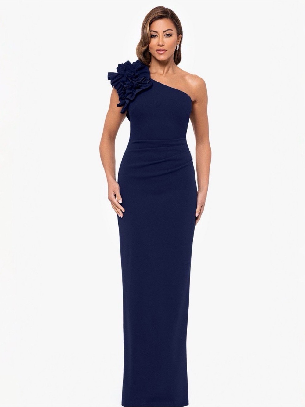 Xscape One-Shoulder Navy Evening Gown with Floral Accent